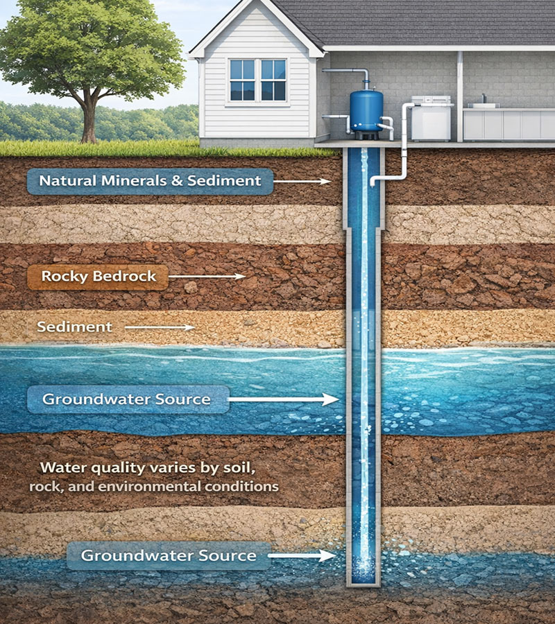 Well water source diagram showing underground layers and water entering home